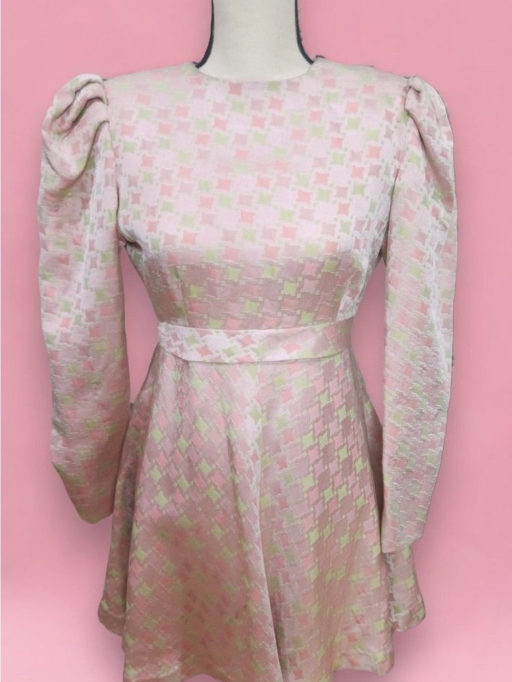 Pastel Pink Houndstooth Fit-and-Flare Dress
